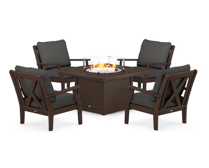 POLYWOOD® Braxton 5-Piece Deep Seating Conversation Set with Fire Pit Table in Mahogany / Spectrum Carbon