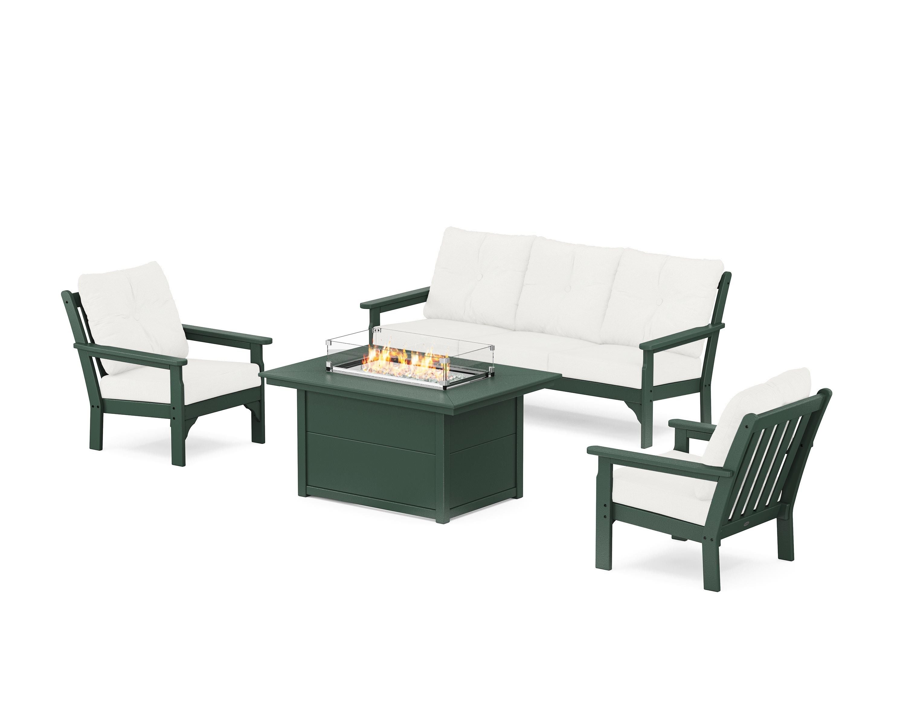 POLYWOOD® Vineyard Deep Seating Fire Pit Table Set in Green / Natural Linen