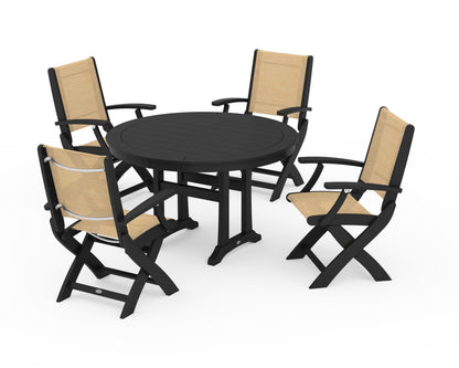 POLYWOOD® Coastal Folding Chair 5-Piece Round Dining Set with Trestle Legs in Black / Dupioni Apricot Sling