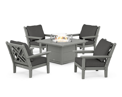 POLYWOOD® Chippendale 5-Piece Deep Seating Set with Fire Pit Table in Slate Grey / Spectrum Carbon