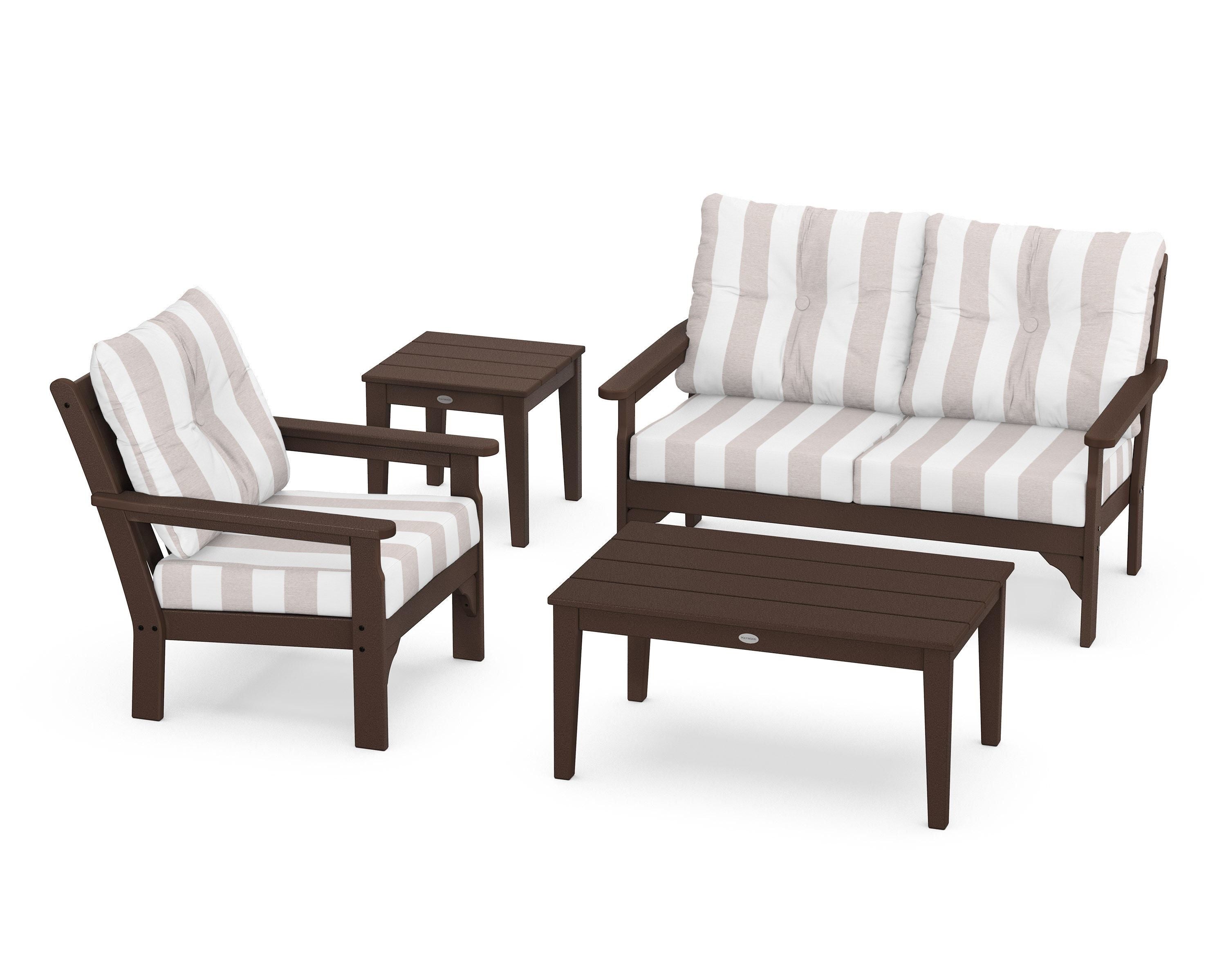 POLYWOOD® Vineyard 4-Piece Deep Seating Set in Mahogany / Cabana Stripe Dune Burlap