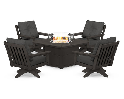 POLYWOOD® Vineyard 5-Piece Deep Seating Swivel Conversation Set with Fire Pit Table in Vintage Coffee / Spectrum Carbon