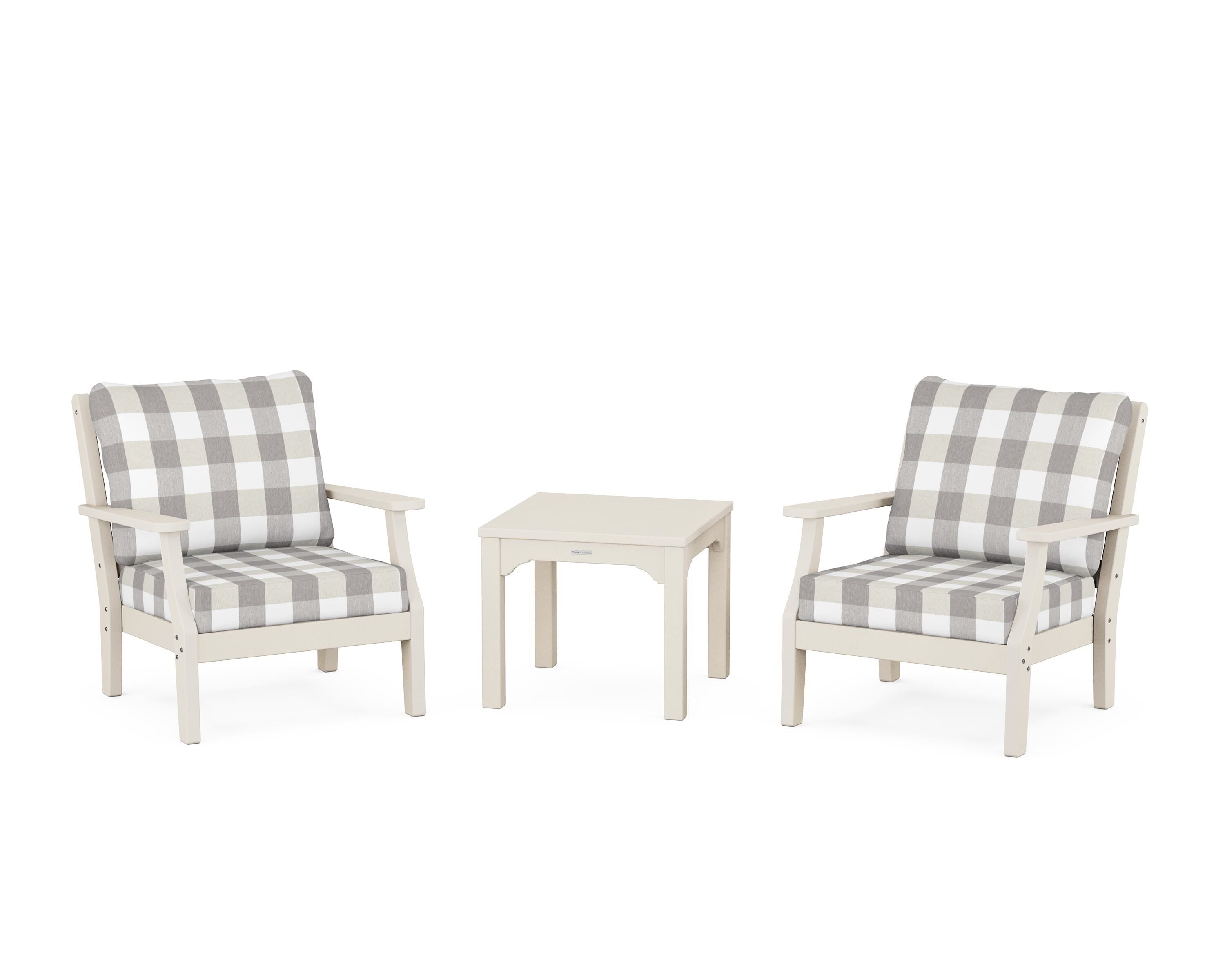 Martha Stewart by POLYWOOD® Chinoiserie 3-Piece Deep Seating Set in Sand / Buffalo Plaid Grey Mist