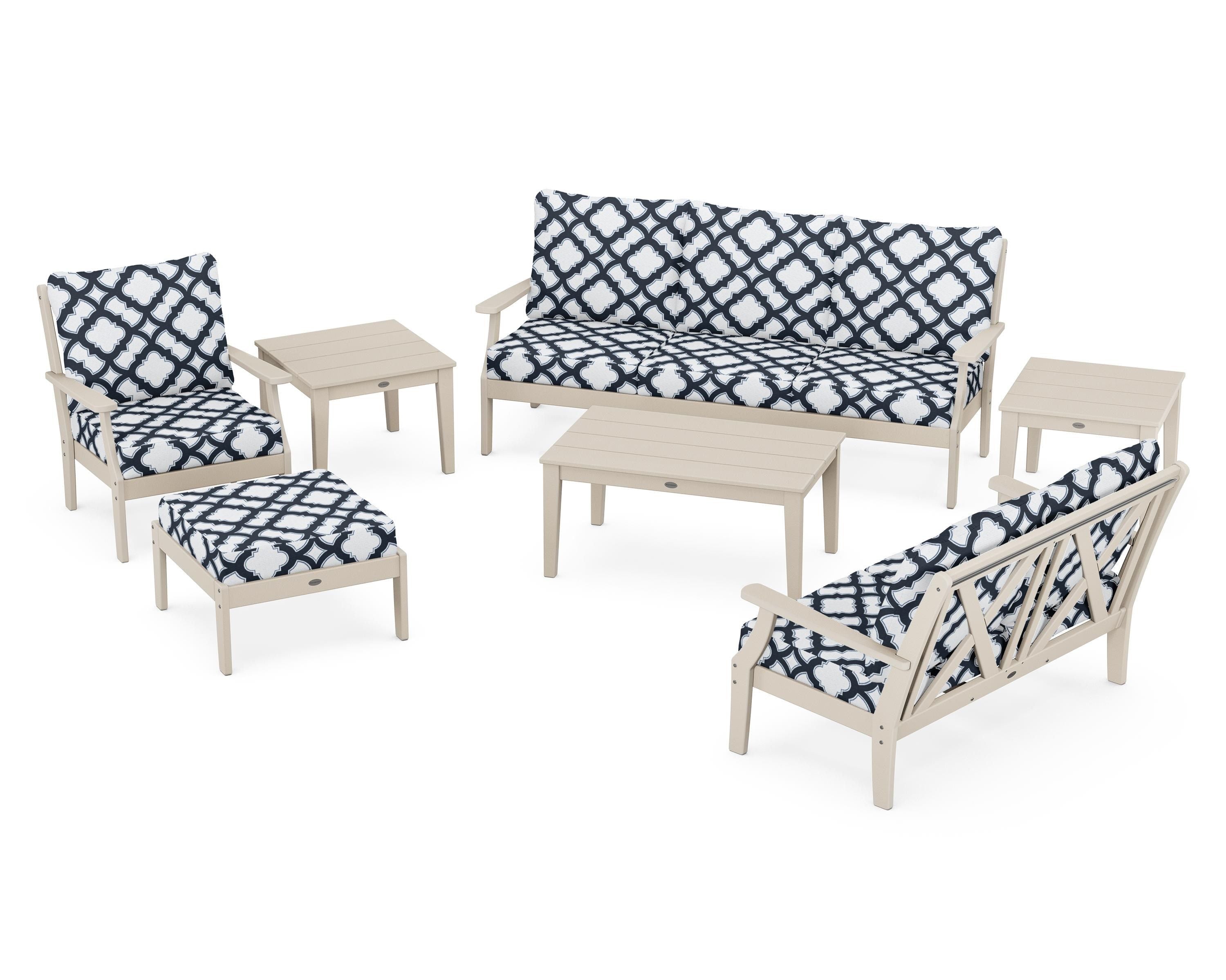 POLYWOOD® Braxton 7-Piece Deep Seating Set in Sand / Trellis Marine Indigo