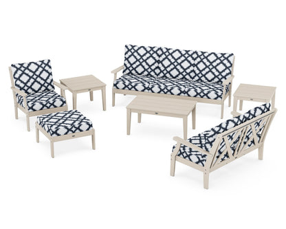 POLYWOOD® Braxton 7-Piece Deep Seating Set in Sand / Trellis Marine Indigo