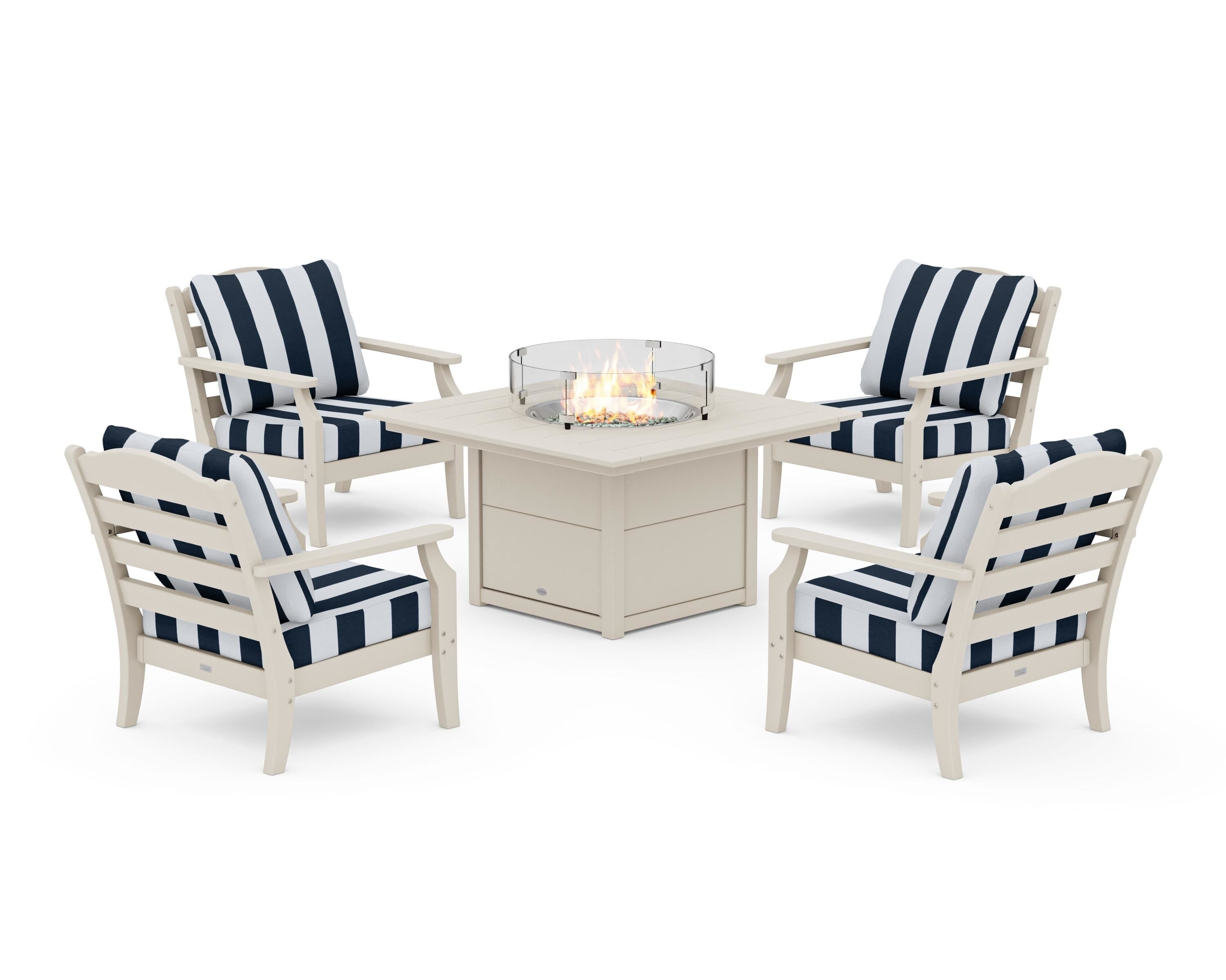 Draper James™ by  POLYWOOD® Savannah 5-Piece Deep Seating Set with Fire Pit Table in Sand / Cabana Stripe Marine Indigo