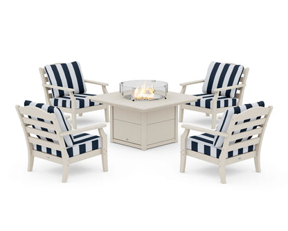 Draper James™ by  POLYWOOD® Savannah 5-Piece Deep Seating Set with Fire Pit Table in Sand / Cabana Stripe Marine Indigo