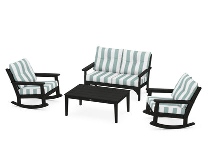 POLYWOOD® Vineyard 4-Piece Deep Seating Rocking Chair Set in Black / Cabana Stripe Glacier Spa