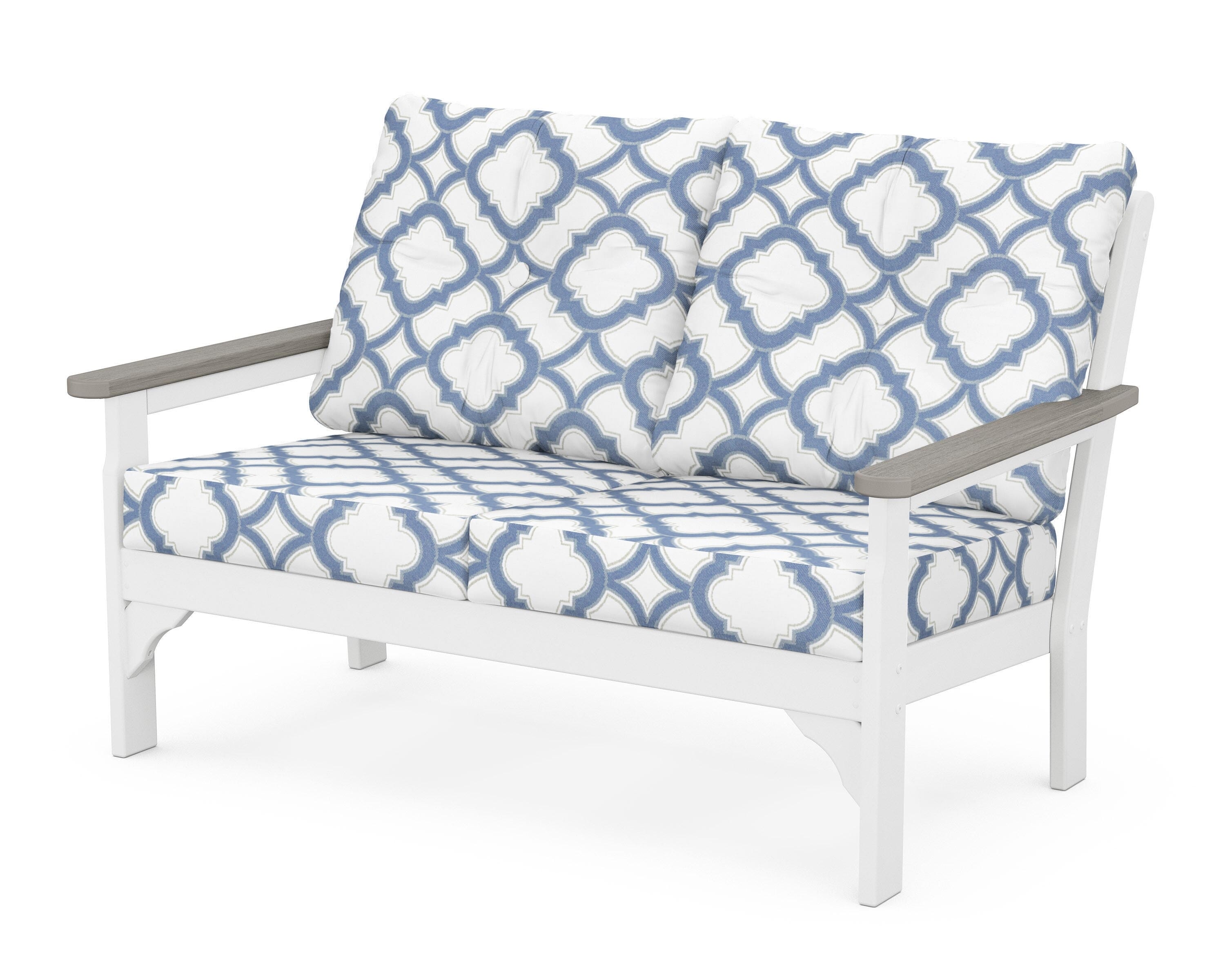 POLYWOOD® Vineyard Deep Seating Loveseat in White / Driftwood / Trellis Sky Blue