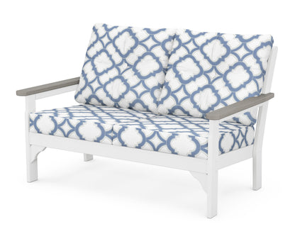 POLYWOOD® Vineyard Deep Seating Loveseat in White / Driftwood / Trellis Sky Blue