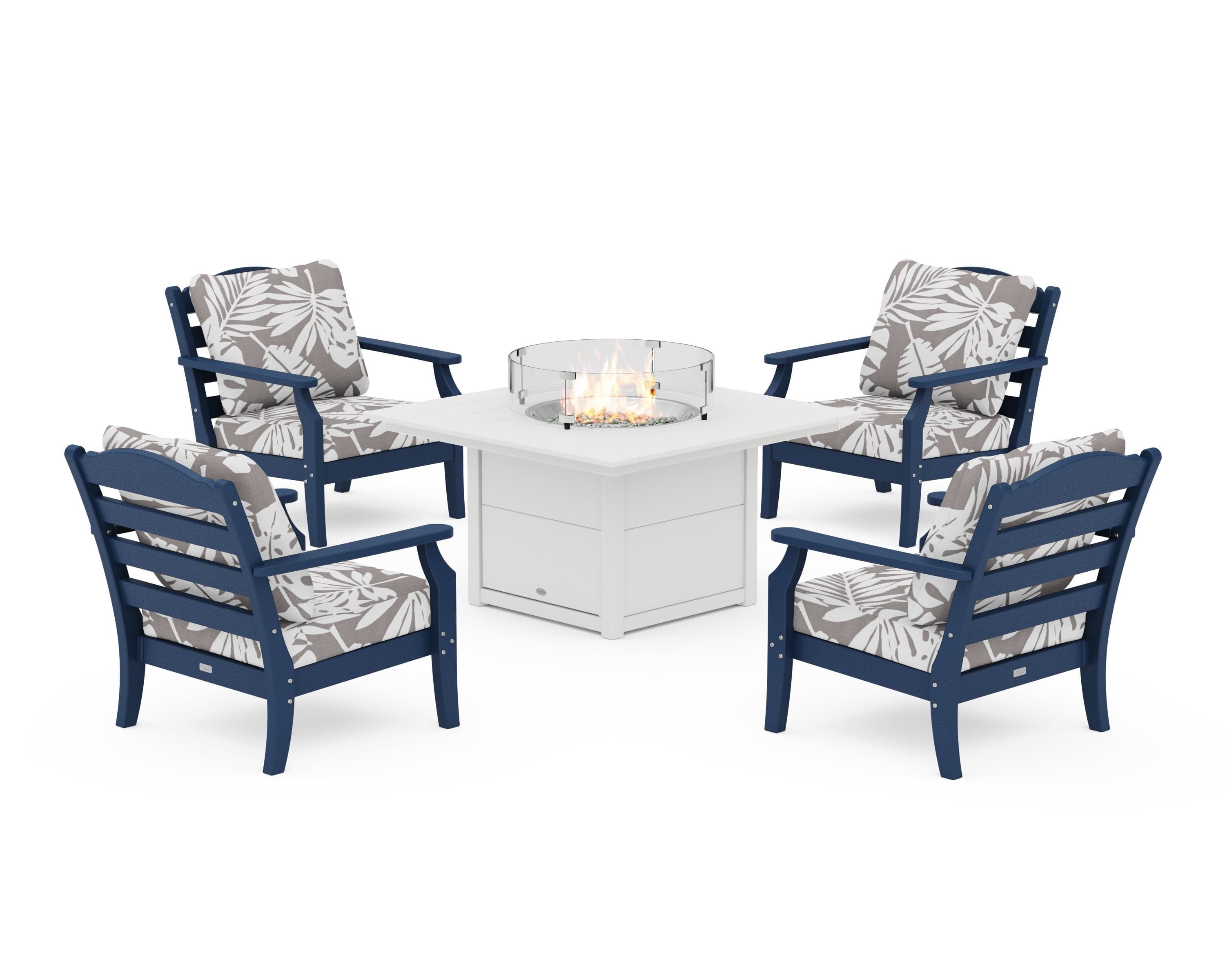 Draper James™ by  POLYWOOD® Savannah 5-Piece Deep Seating Set with Fire Pit Table in Navy / Leaf Grey Mist