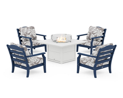 Draper James™ by  POLYWOOD® Savannah 5-Piece Deep Seating Set with Fire Pit Table in Navy / Leaf Grey Mist