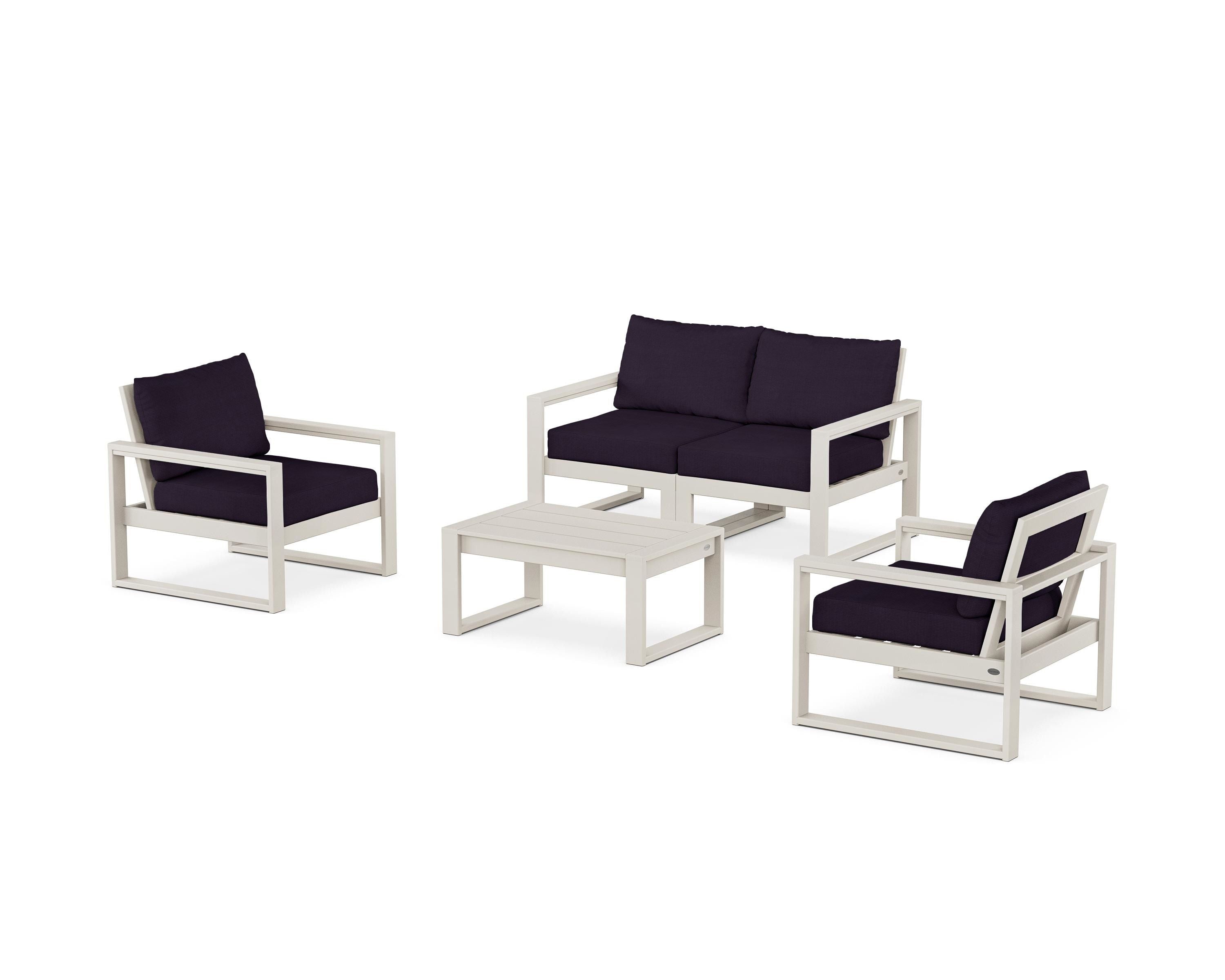 POLYWOOD® EDGE Sectional 4-Piece Deep Seating Set with Loveseat in Sand / Navy Linen