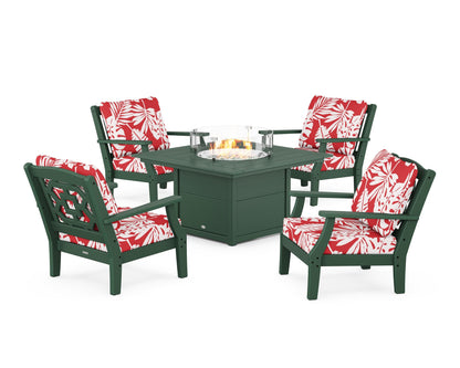 Martha Stewart by POLYWOOD® Chinoiserie 5-Piece Deep Seating Set with Fire Pit Table in Green / Leaf Crimson