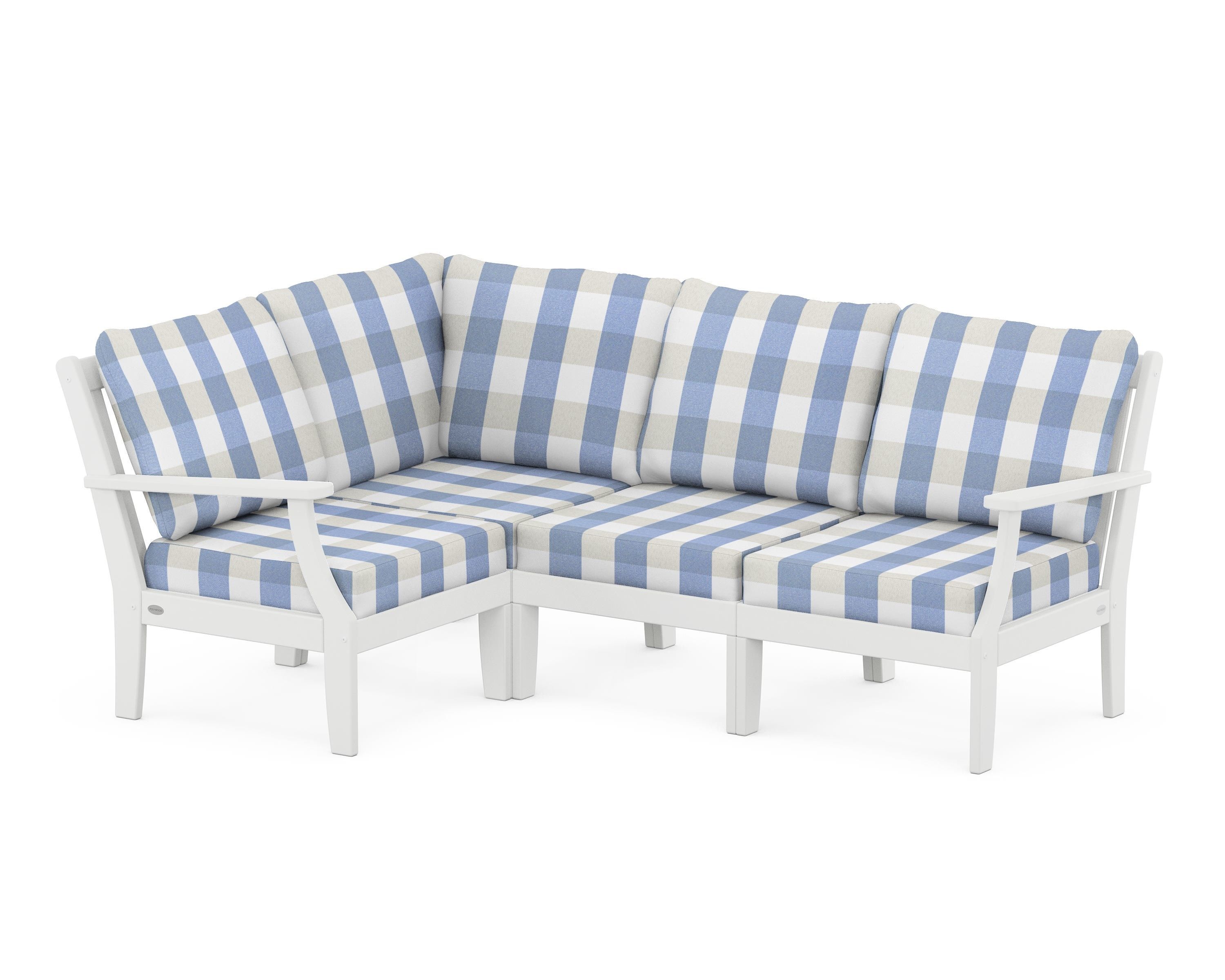 POLYWOOD® Braxton Modular 4-Piece Deep Seating Set in White / Buffalo Plaid Sky Blue