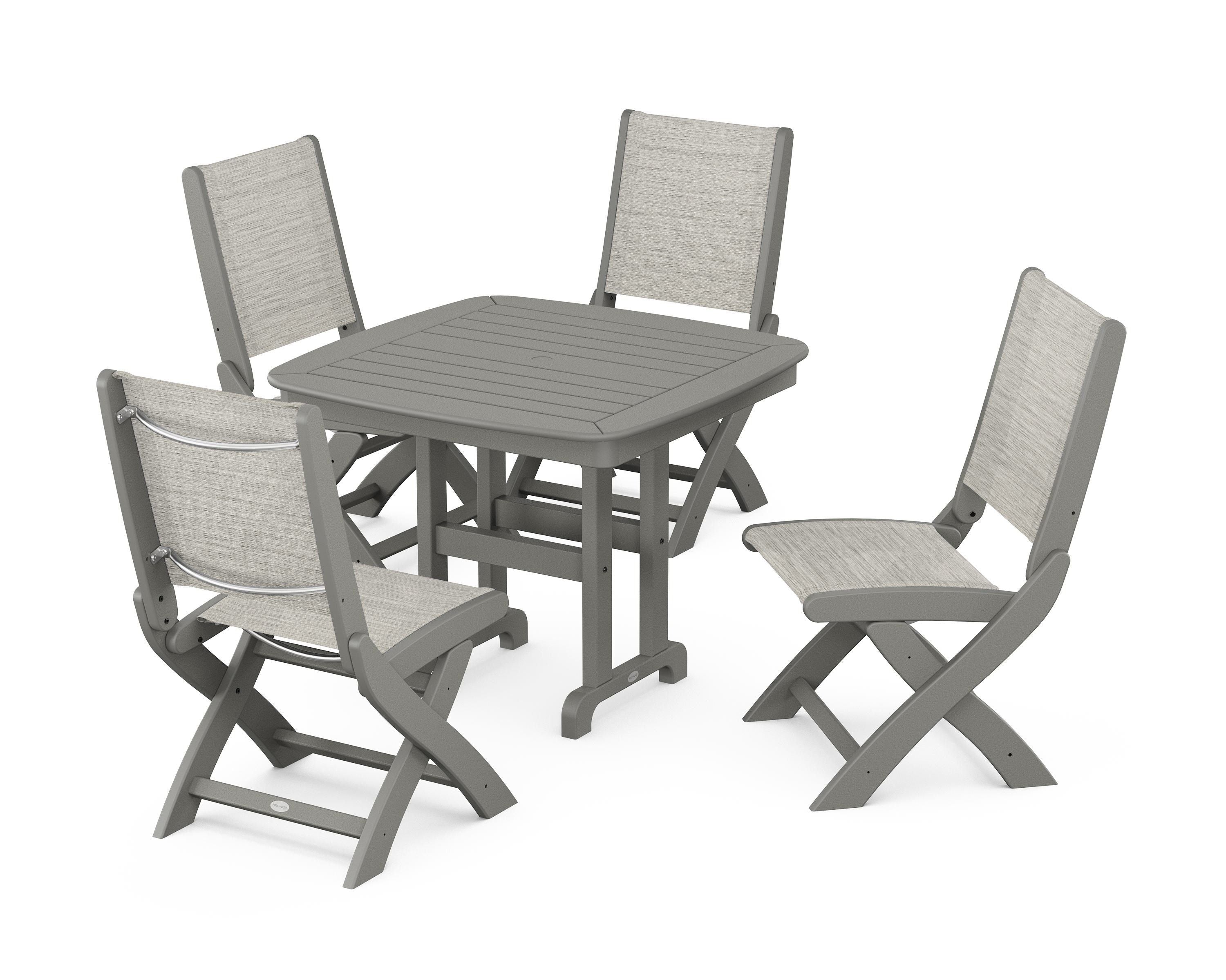 POLYWOOD® Coastal Folding Side Chair 5-Piece Dining Set in Slate Grey / Birch Sling