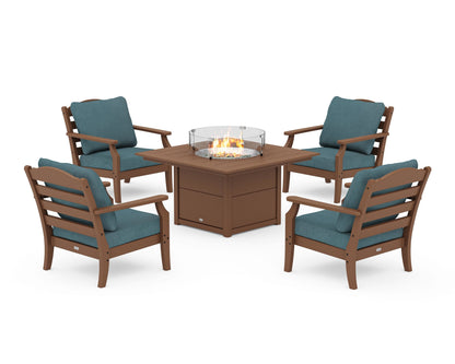 Draper James™ by  POLYWOOD® Savannah 5-Piece Deep Seating Set with Fire Pit Table in Teak / Ocean Teal