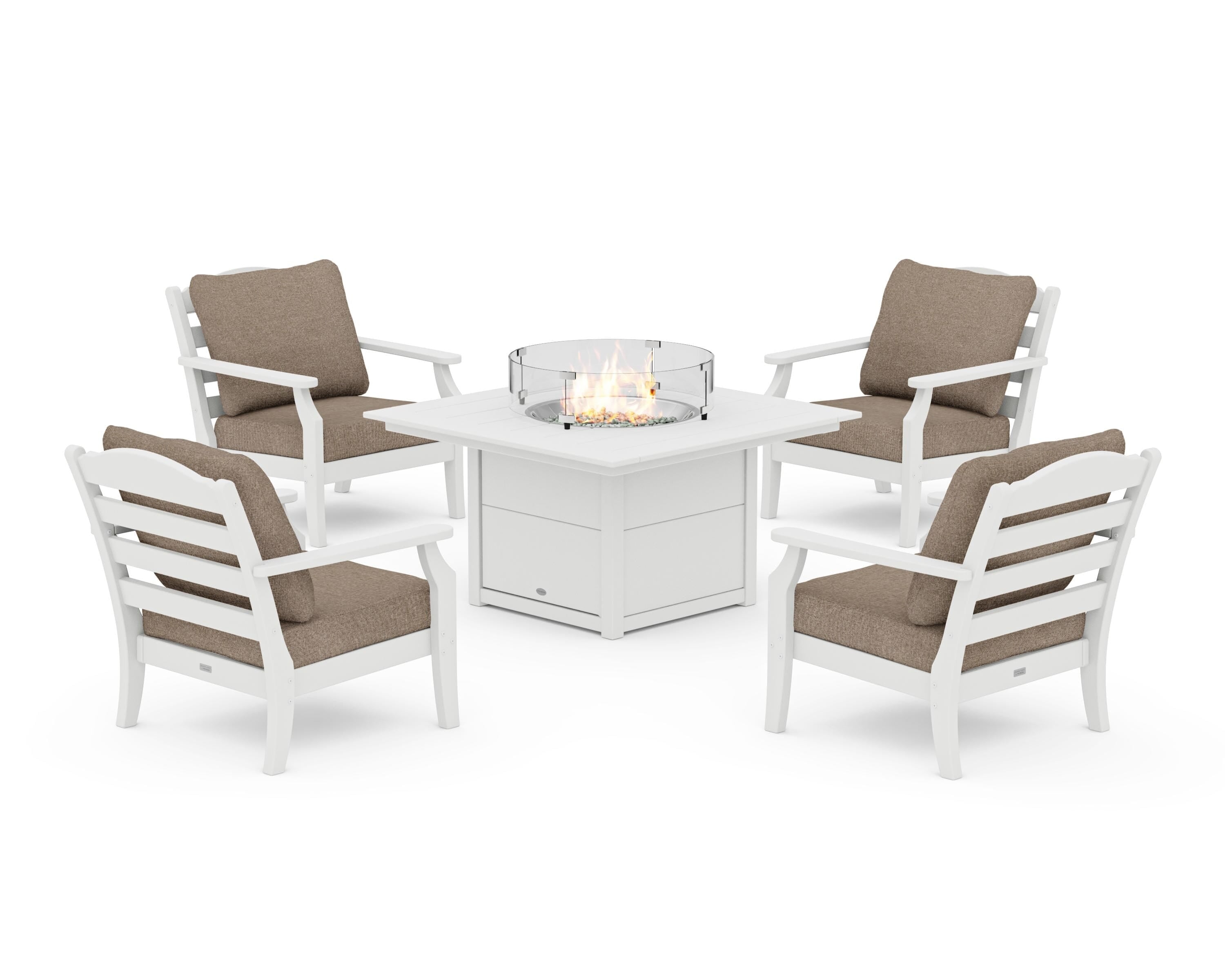 Draper James™ by  POLYWOOD® Savannah 5-Piece Deep Seating Set with Fire Pit Table in White / Spiced Burlap