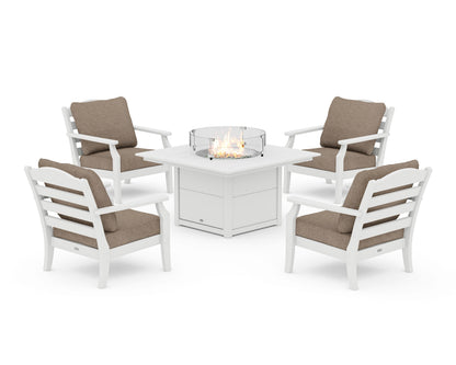 Draper James™ by  POLYWOOD® Savannah 5-Piece Deep Seating Set with Fire Pit Table in White / Spiced Burlap