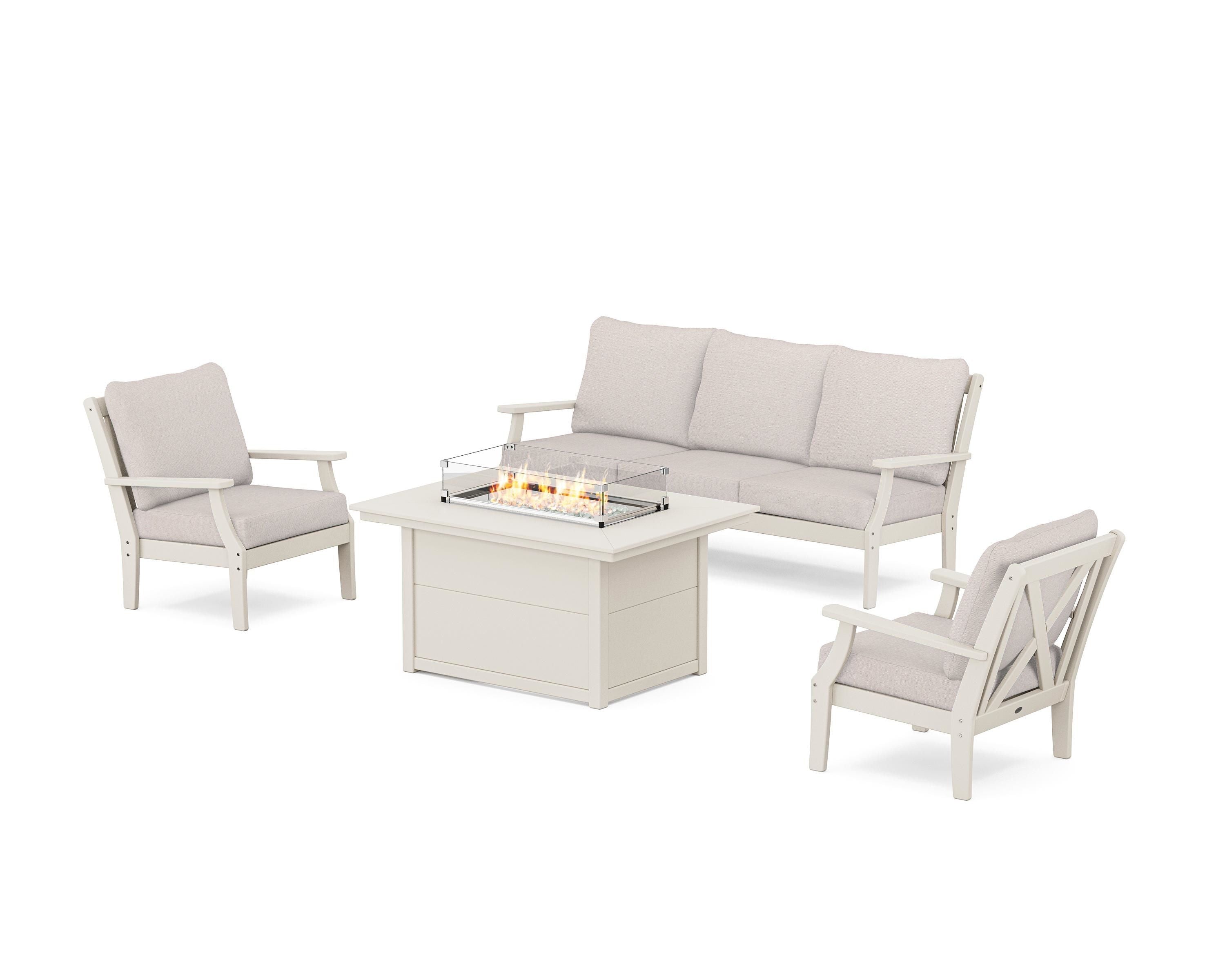 POLYWOOD® Braxton Deep Seating Fire Pit Table Set in Sand / Dune Burlap