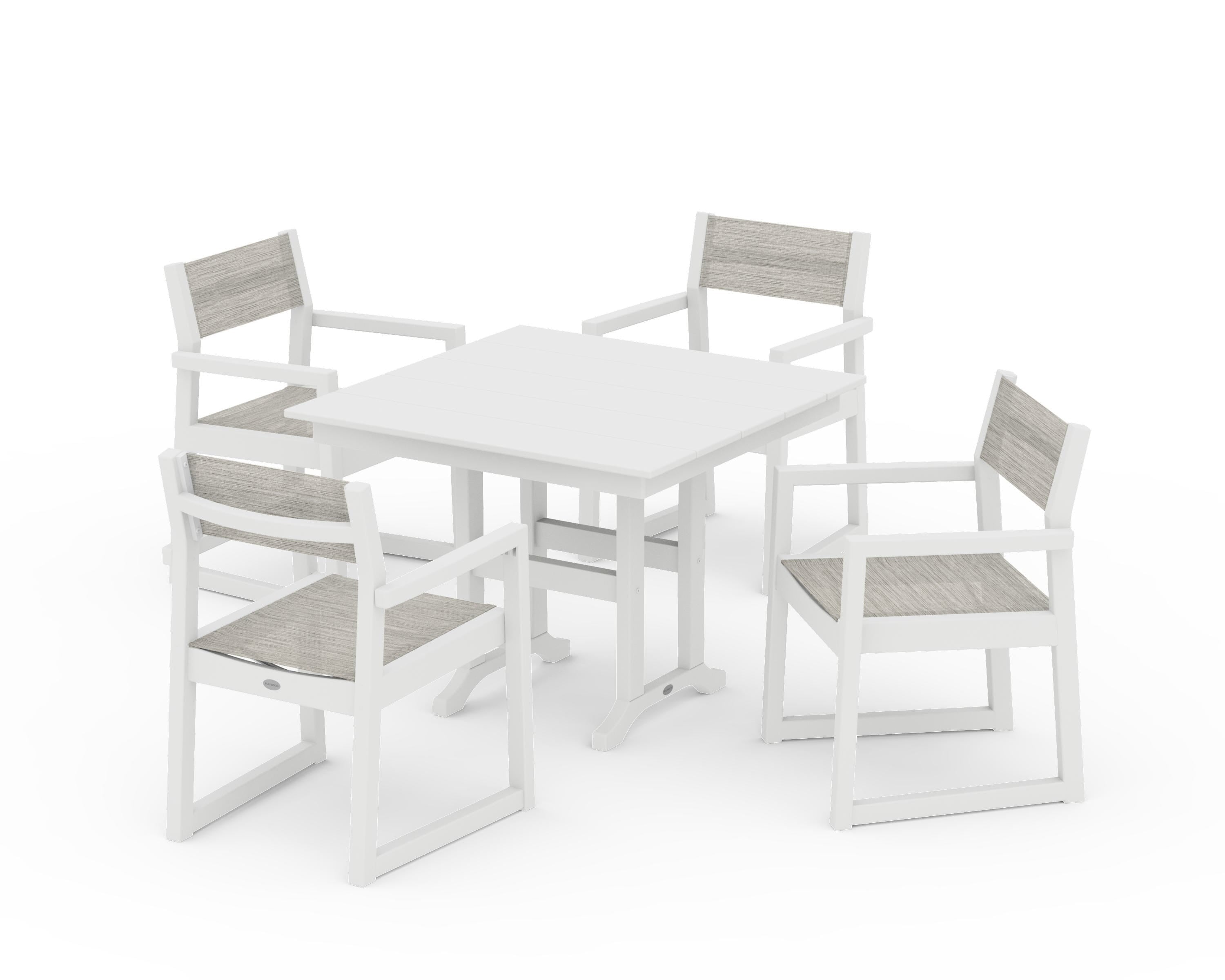 POLYWOOD® EDGE Sling Arm Chair 5-Piece Farmhouse Dining Set in White / Birch Sling