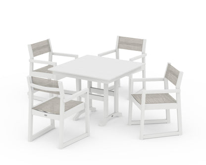 POLYWOOD® EDGE Sling Arm Chair 5-Piece Farmhouse Dining Set in White / Birch Sling