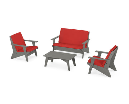 POLYWOOD® Riviera Modern Lounge 4-Piece Set in Slate Grey / Crimson Linen