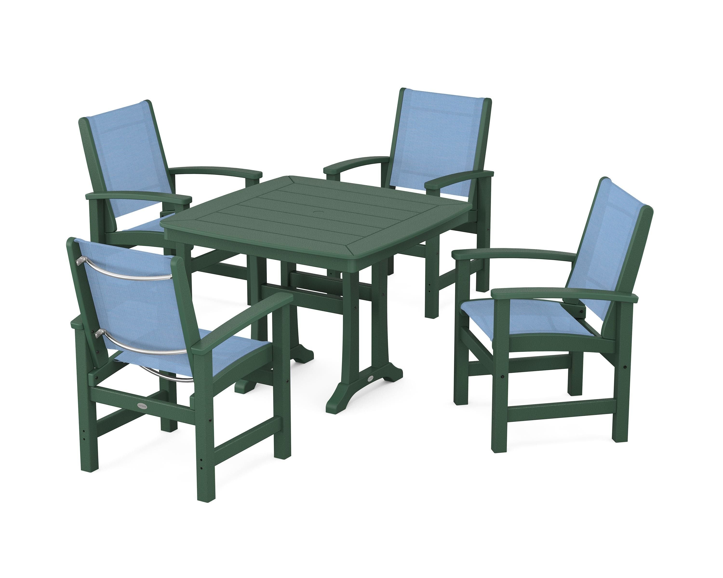 POLYWOOD® Coastal 5-Piece Dining Set with Trestle Legs in Green / Poolside Sling