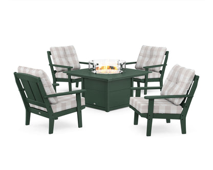 POLYWOOD® Mission 5-Piece Deep Seating Set with Fire Pit Table in Green / Buffalo Plaid Dune Burlap