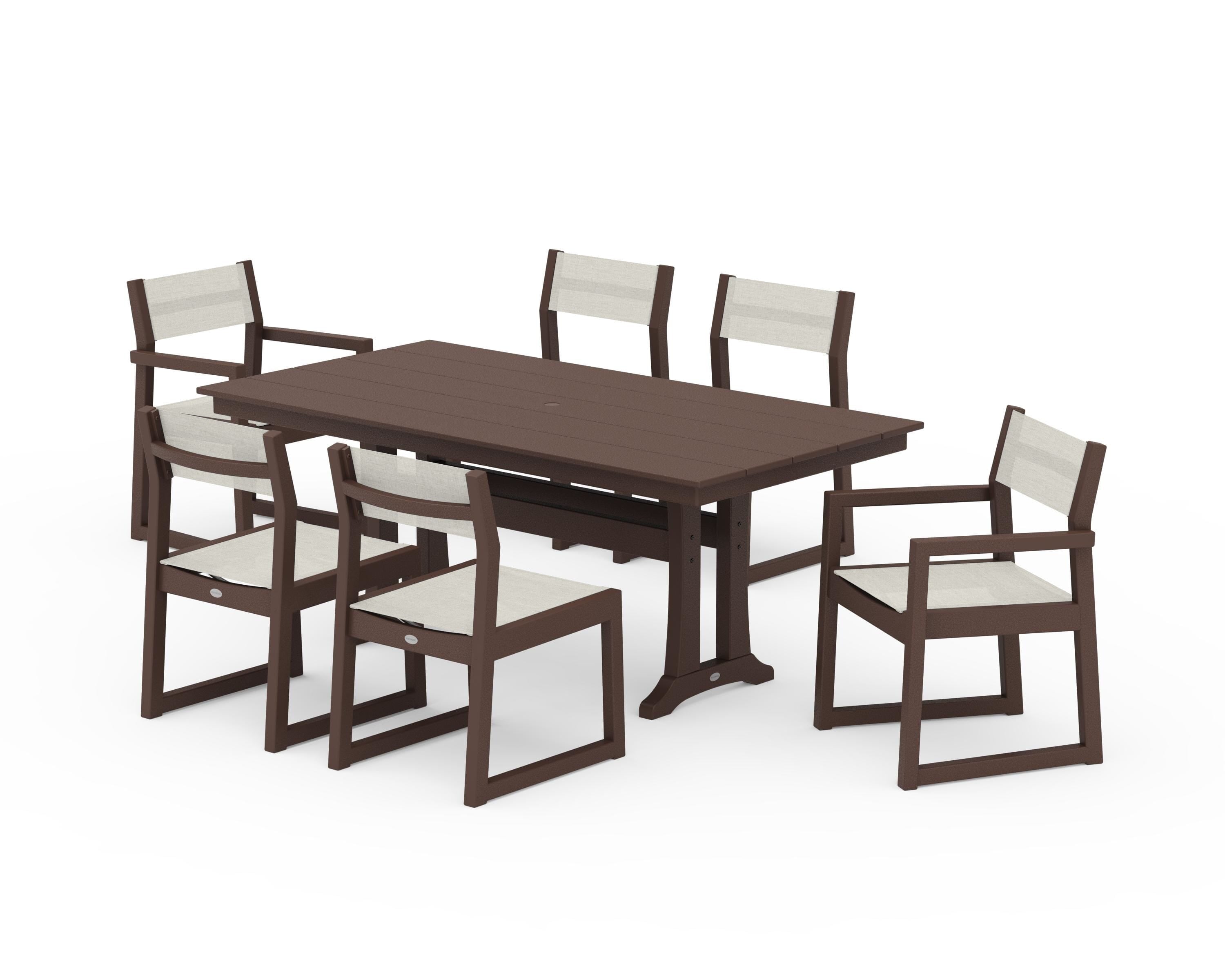 POLYWOOD® EDGE Sling 7-Piece Farmhouse Trestle Dining Set in Mahogany / Parchment Sling