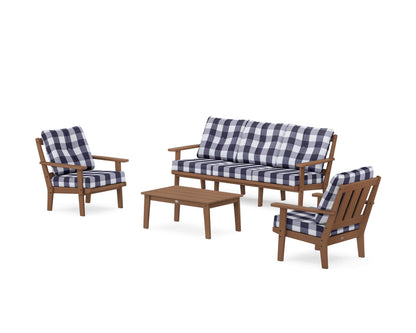 POLYWOOD® Oxford 4-Piece Deep Seating Set with Sofa in Teak / Buffalo Plaid Navy