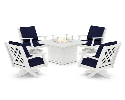 Country Living Wovendale 5-Piece Deep Seating Swivel Conversation Set with Fire Pit Table in White / Navy