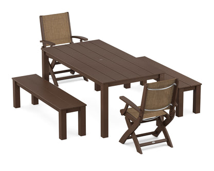 POLYWOOD® Coastal Folding Chair 5-Piece Parsons Dining Set with Benches in Mahogany / Burlap Sling