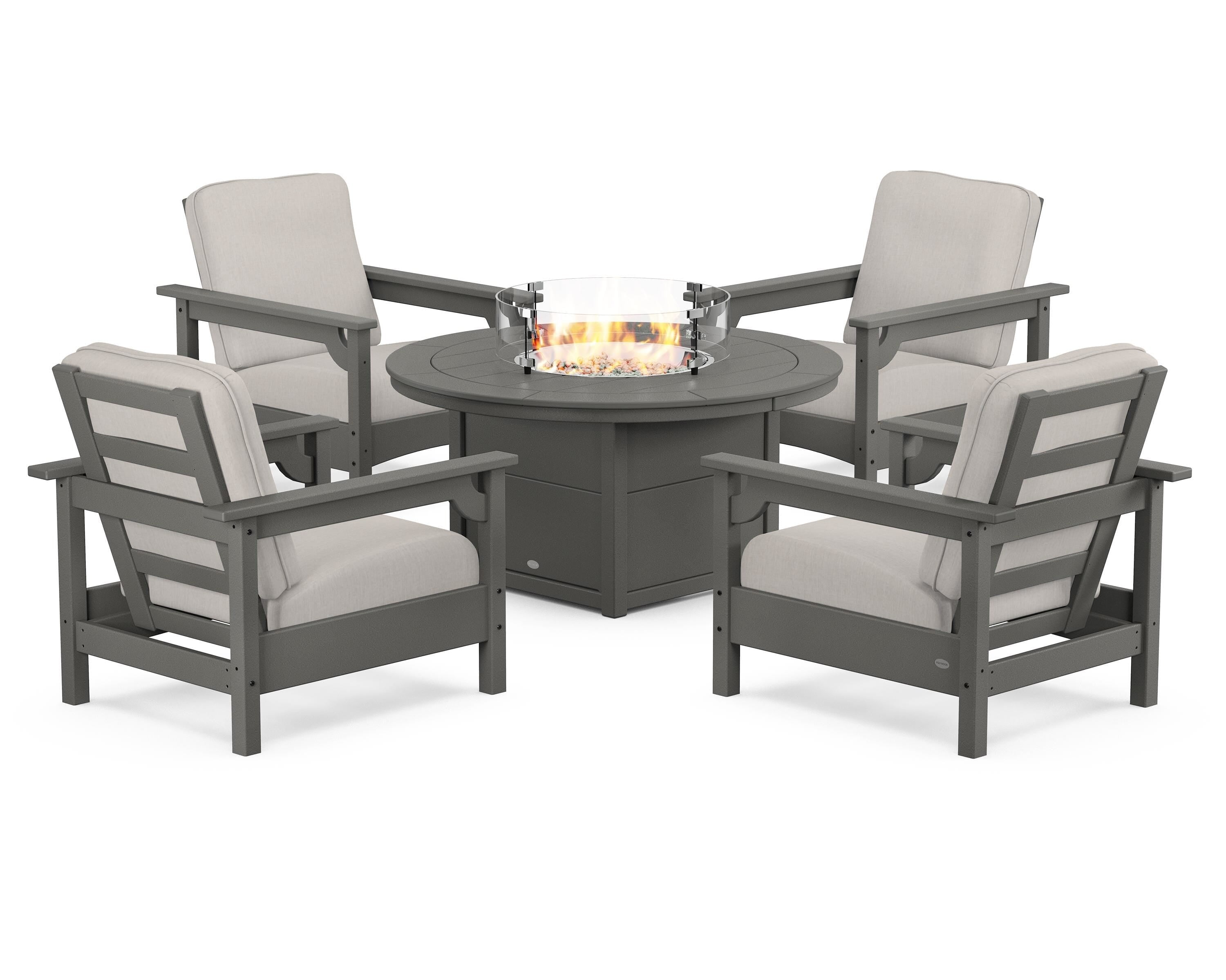 POLYWOOD® Club 5-Piece Conversation Set with Fire Pit Table in Slate Grey / Cast Ash