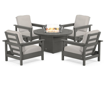 POLYWOOD® Club 5-Piece Conversation Set with Fire Pit Table in Slate Grey / Cast Ash