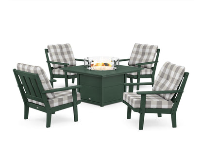 POLYWOOD® Oxford 5-Piece Deep Seating Set with Fire Pit Table in Green / Buffalo Plaid Grey Mist