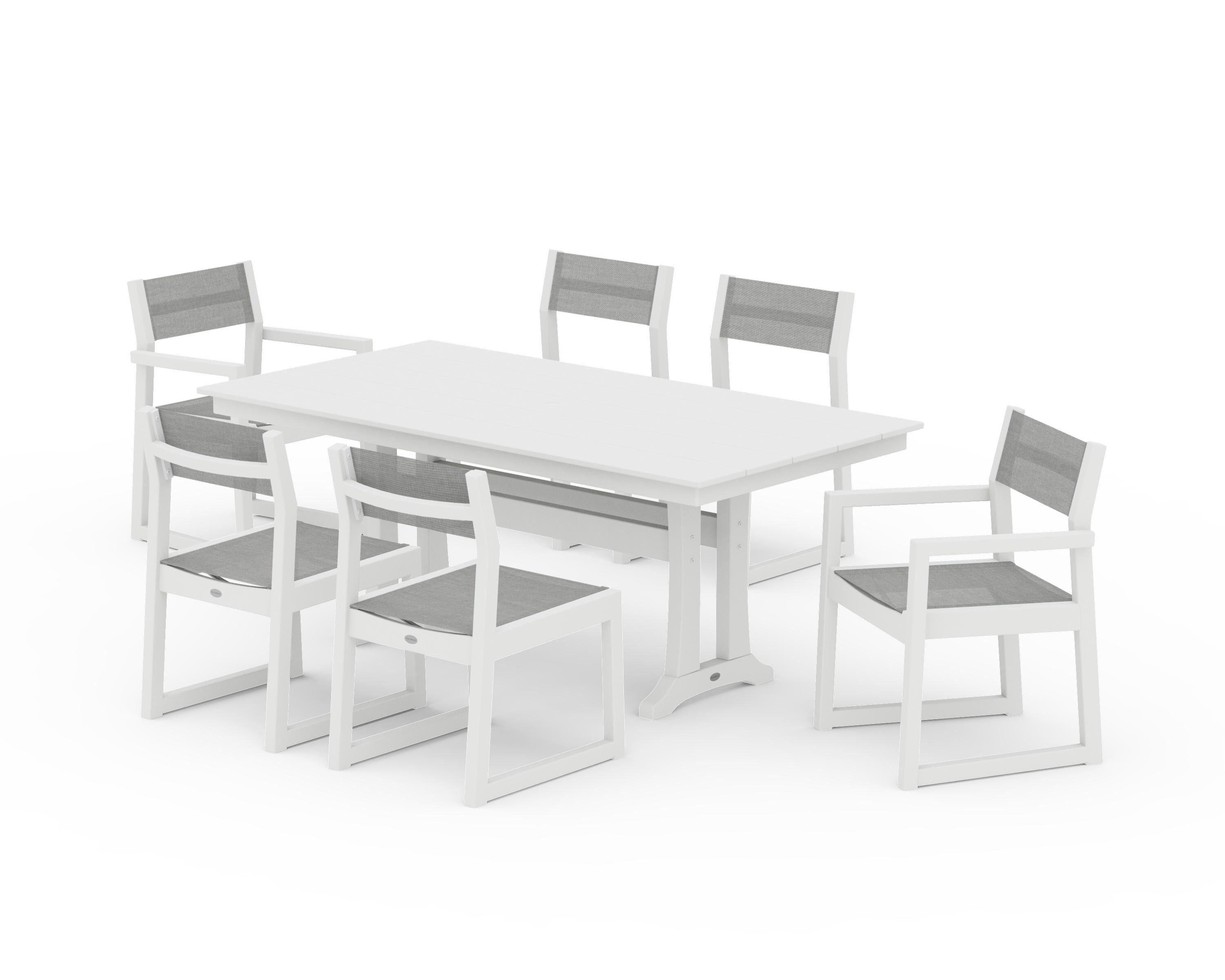 POLYWOOD® EDGE Sling 7-Piece Farmhouse Trestle Dining Set in White / Metallic Sling