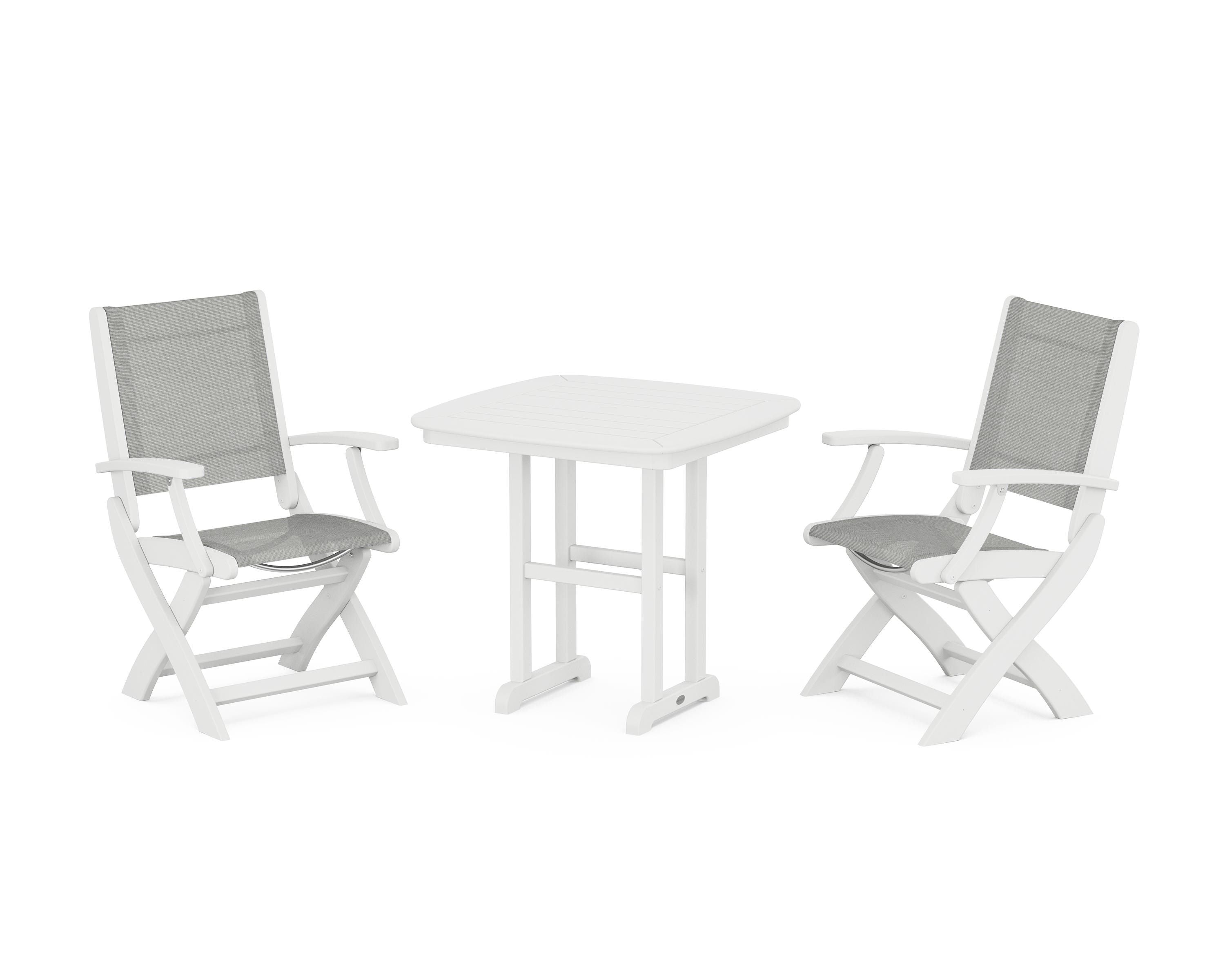 POLYWOOD® Coastal Folding Chair 3-Piece Dining Set in White / Metallic Sling