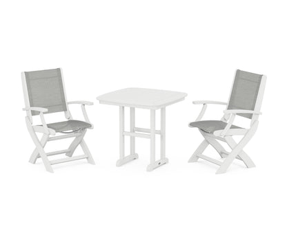 POLYWOOD® Coastal Folding Chair 3-Piece Dining Set in White / Metallic Sling