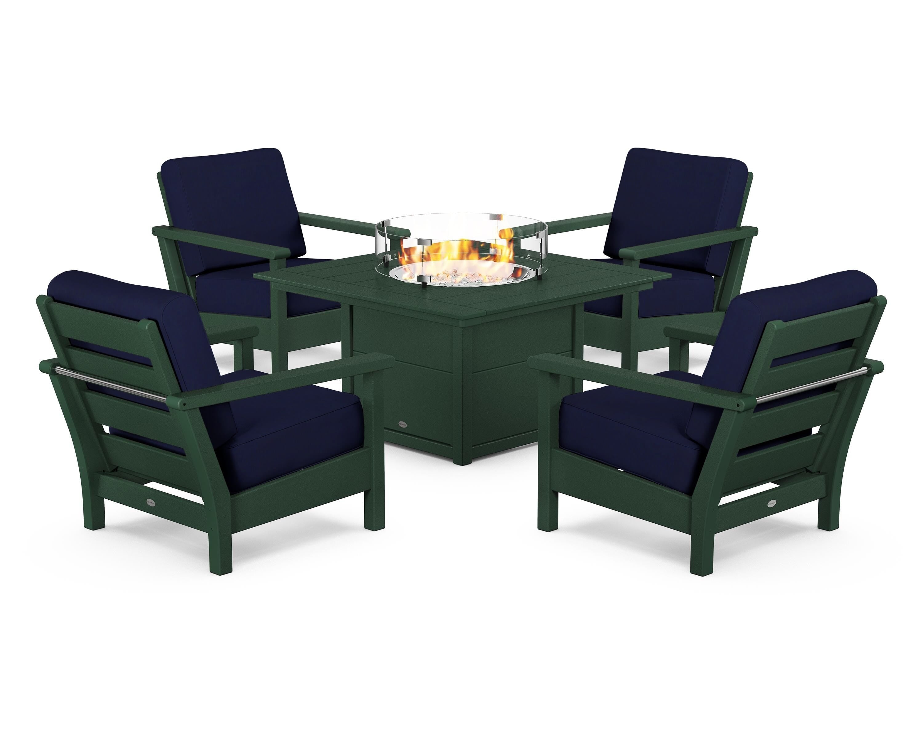 POLYWOOD® Harbour 5-Piece Conversation Set with Fire Pit Table in Green / Navy