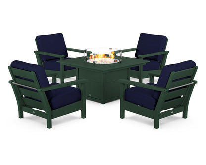 POLYWOOD® Harbour 5-Piece Conversation Set with Fire Pit Table in Green / Navy