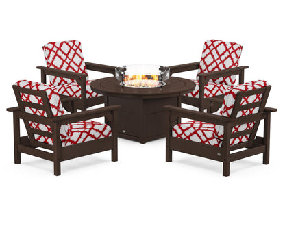 POLYWOOD® Club 5-Piece Conversation Set with Fire Pit Table in Mahogany / Trellis Crimson