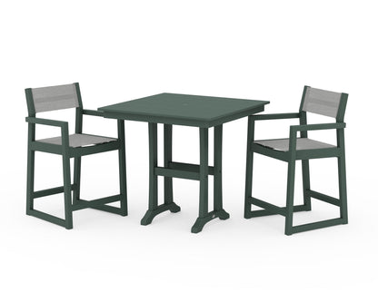 POLYWOOD® EDGE Sling Arm Chair 3-Piece Farmhouse Counter Set with Trestle Legs in Green / Metallic Sling