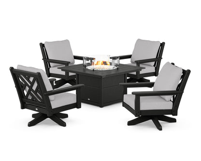 POLYWOOD® Chippendale 5-Piece Deep Seating Swivel Conversation Set with Fire Pit Table in Black / Granite