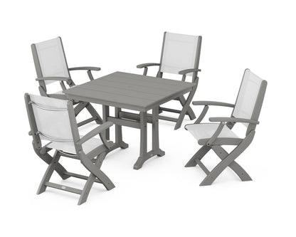 POLYWOOD® Coastal Folding Chair 5-Piece Farmhouse Dining Set With Trestle Legs in Slate Grey / White Sling