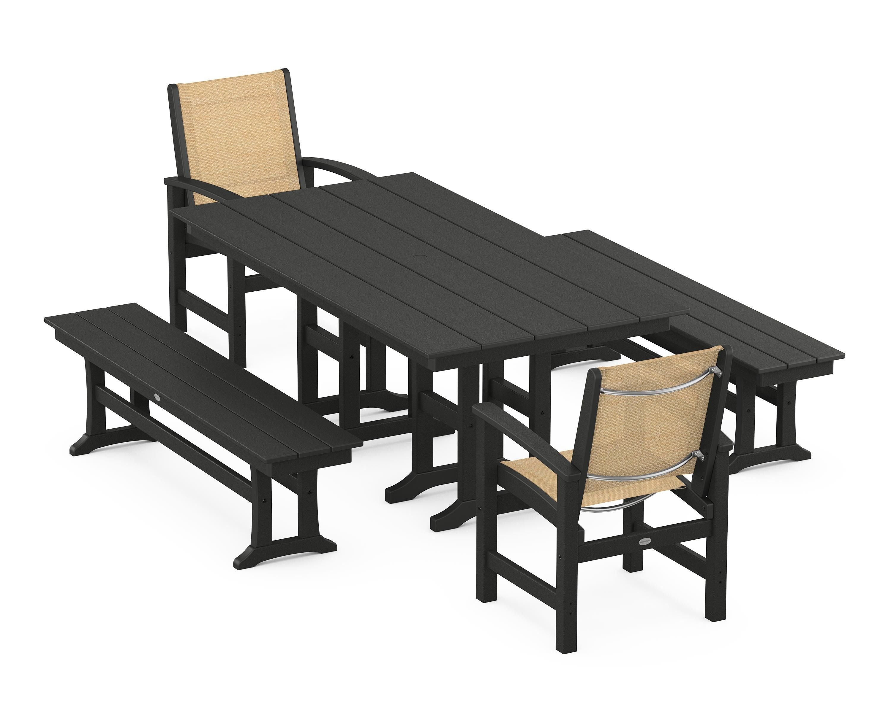 POLYWOOD® Coastal 5-Piece Farmhouse Dining Set in Black / Dupioni Apricot Sling