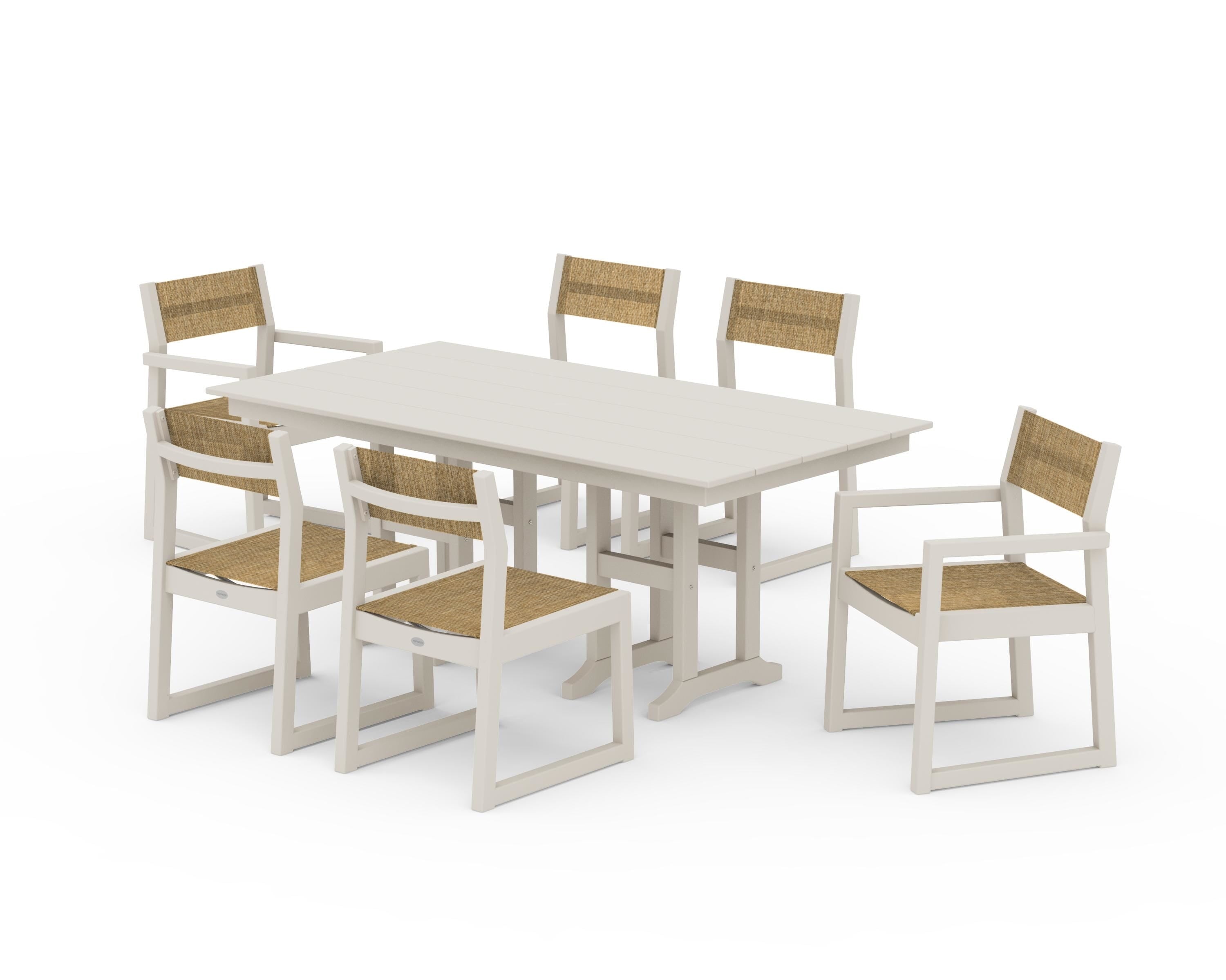POLYWOOD® EDGE Sling 7-Piece Farmhouse Dining Set in Sand / Burlap Sling