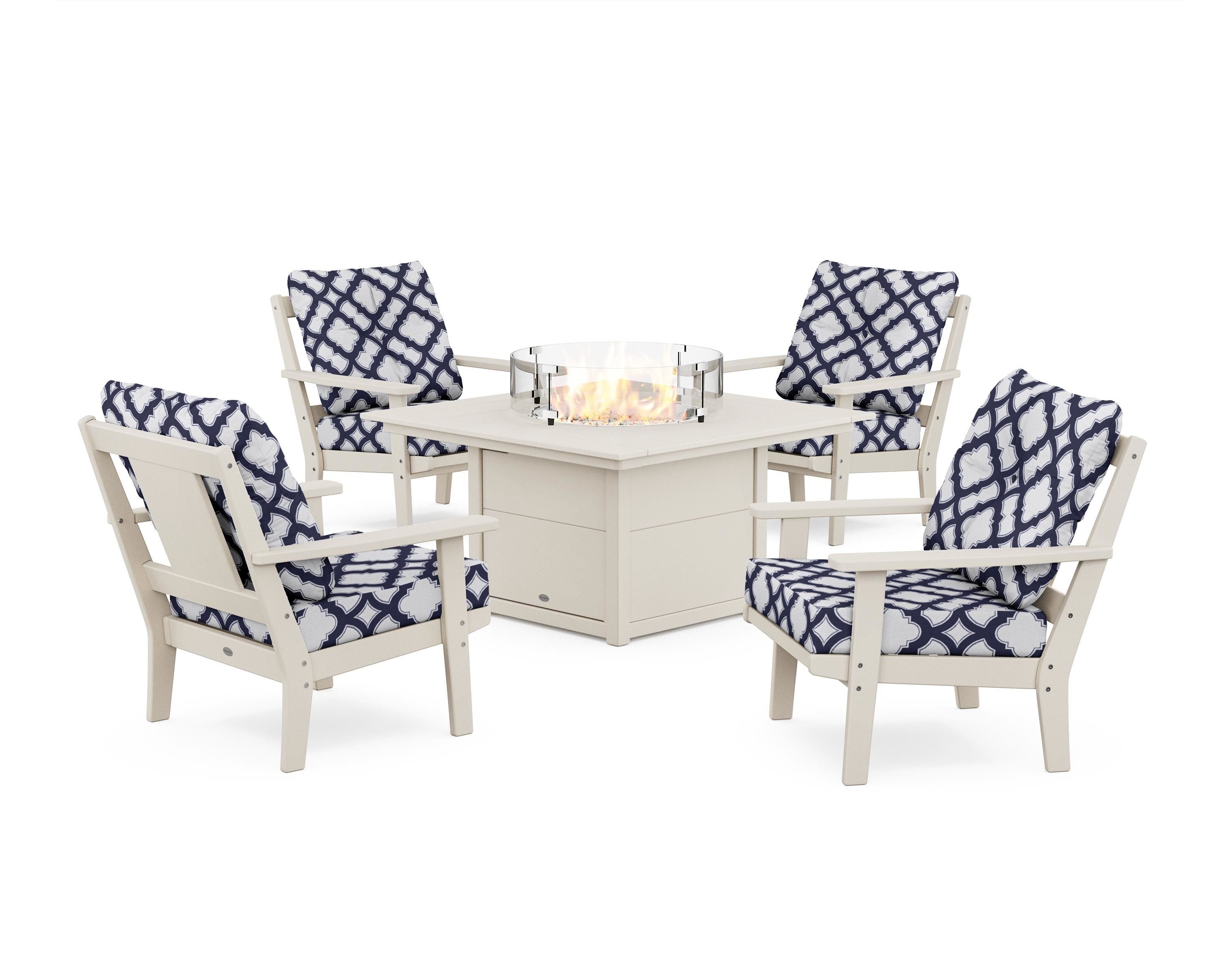 POLYWOOD® Prairie 5-Piece Deep Seating Set with Fire Pit Table in Sand / Trellis Navy