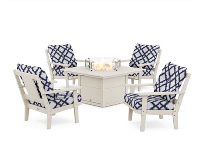 POLYWOOD® Prairie 5-Piece Deep Seating Set with Fire Pit Table in Sand / Trellis Navy