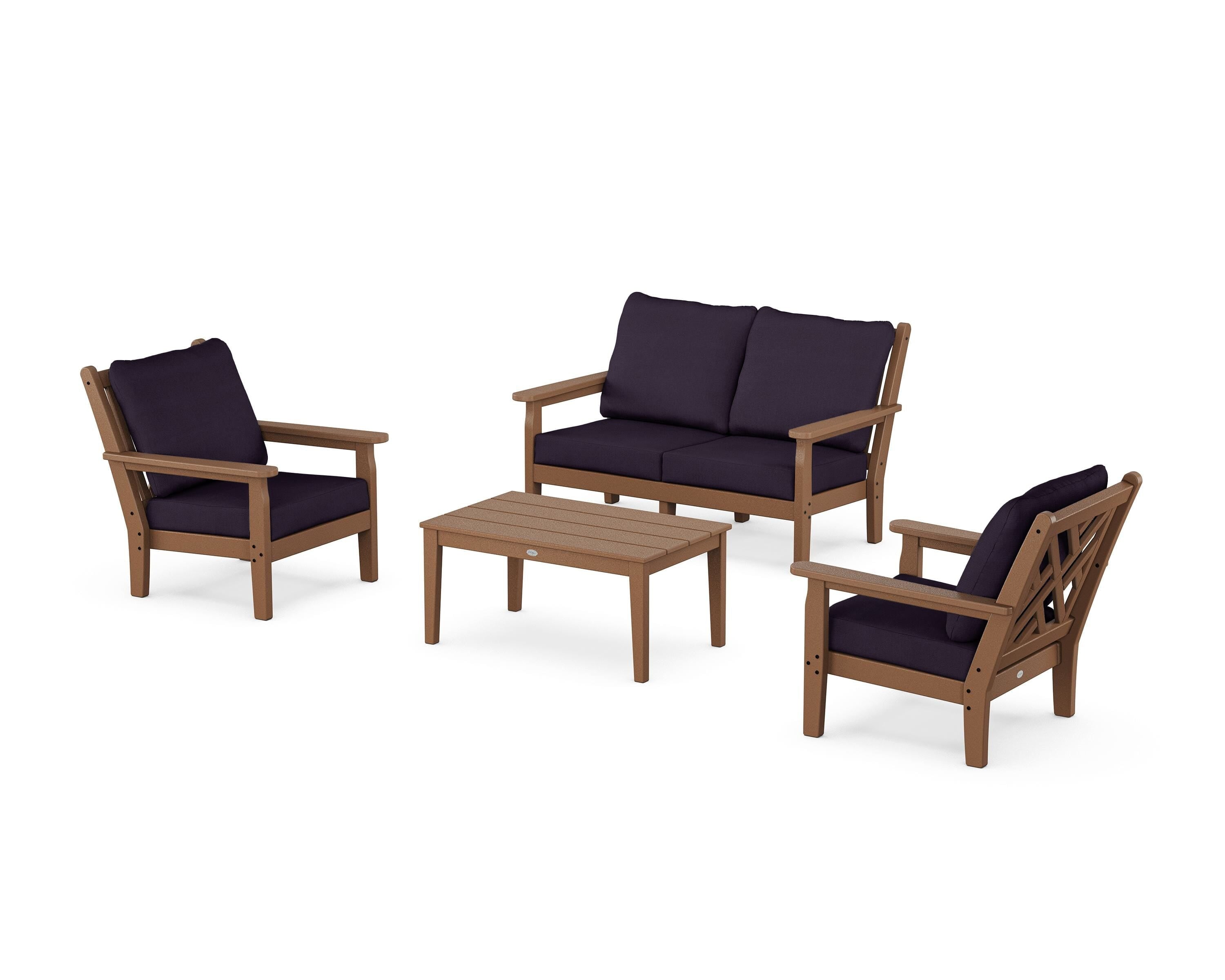 POLYWOOD® Chippendale 4-Piece Deep Seating Set with Loveseat in Teak / Navy Linen